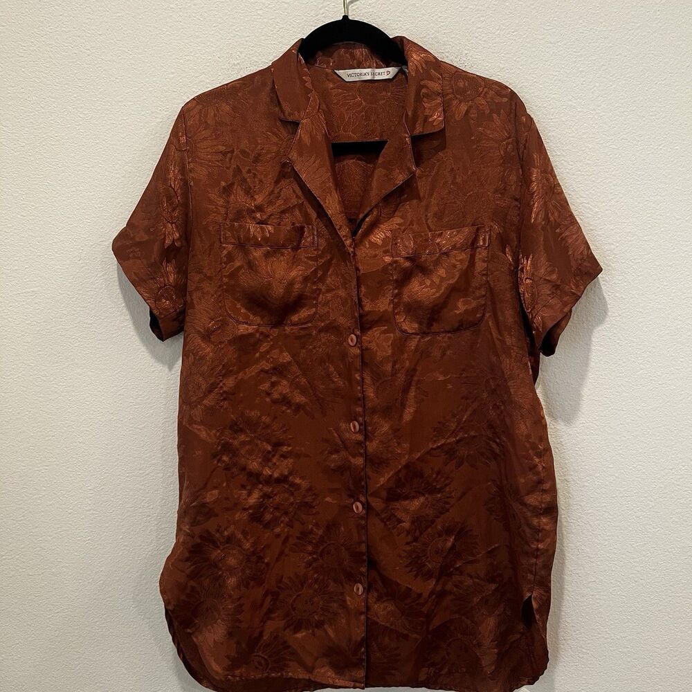 Vtg Victoria's Secret Brown Floral Print Pajama Dress Womens Short Sleeve Size S